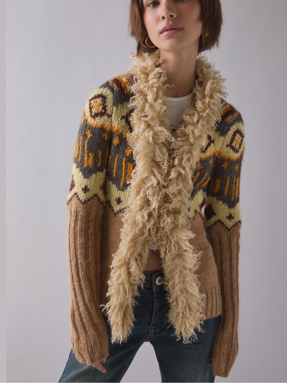 BDG Urban Outfitters Penny Patterned Knit Faux Fur Trim Cardigan L Boho